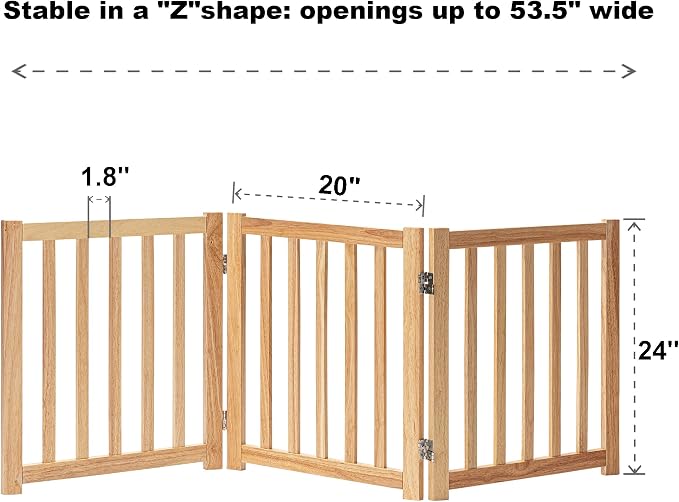 LZRS Wooden Free Standing Dog Gate 60" W x 24" H, Foldable Solid Hardwood Pet Safety Fence for House Doorways, Stairs, Hallways, Step-Over Pet Barrier, No Drill Easy Setup, Natural