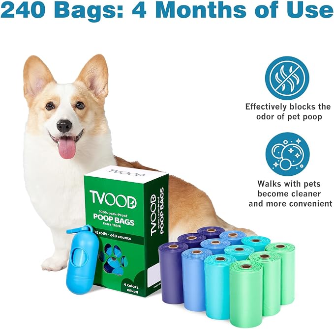 Dog Poop Bags Rolls 240 Count– Leakproof 4 Color for Mess-Free Pickup | Unscented Thick Pet Waste Bags with Dispenser for Clean Hands During Daily Walks Parks Sidewalks and Backyard Cleanup