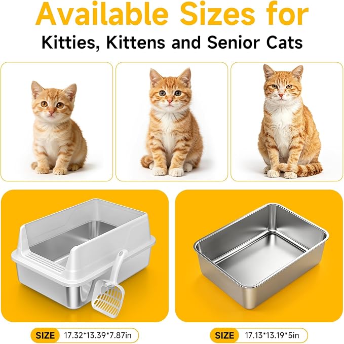 Stainless Steel Cat Litter Box with Scoop,M Metal Pan for Kittens | Metal Litter Box with High Sides & Lid, Open Top Low Entry , Non-Stick Easy Clean ，Kitty Cat Box for Indoor Cats, High Wall