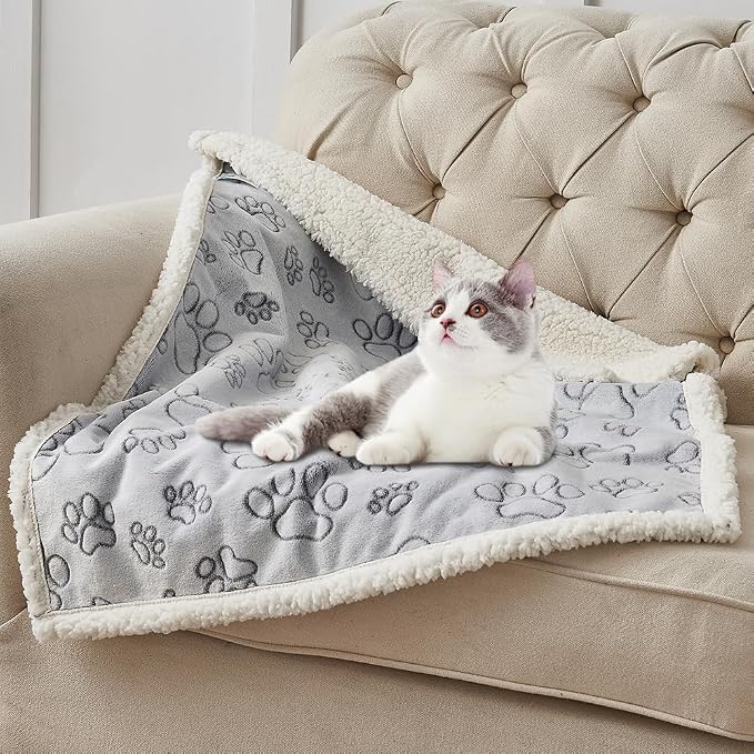 Dog & Cat Blankets - Waterproof Washable - Sherpa, Plus Plush Reversible, 25"X30", Grey Paw Print