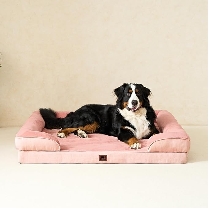 EHEYCIGA Orthopedic XXL Dog Bed, Waterproof Washable XL Big Pet Bed 52" | Non-Slip Bottom and Egg-Crate Memory Foam Extra Large Pet Couch Bed with Washable Removable Cover, Dusty Pink
