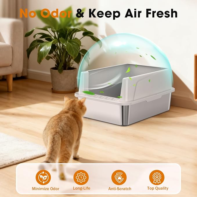 2PACK Stainless Steel Cat Litter Box with Lid, High-Sided Metal Litter Pan for Small Cats, Kitty Litter Box, Non-Stick & Odor-Resistant, Anti-Urine Leakage, Easy to Clean, Scoop Included