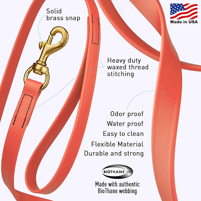 Viper Biothane K9 Working Dog Leash Waterproof Lead for Tracking Training Schutzhund Odor-Proof Long Line with Solid Brass Snap for Puppy Medium and Large Dogs, 15ft Coral