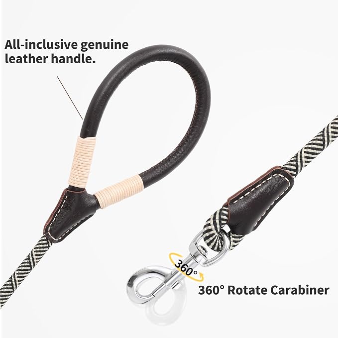 Mile High Life Dog Leash with Genuine Leather Handle, 4/5/6 FT | Comfortable Leather Grip Rope Leash, Heavy Duty 360° Swivel Metal Clasp, for Small Medium & Large Dogs (Khaki White, 60 Inch)