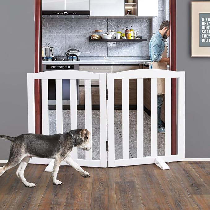 ZJSF Foldable Freestanding Indoor Dog Gate for House Wood White Long Pet Gates Dog Fence for Stairs Puppy Gates for Hallways,Pet Fence, Puppy Gate,Support Feet Included 24 "Height-2 Panels