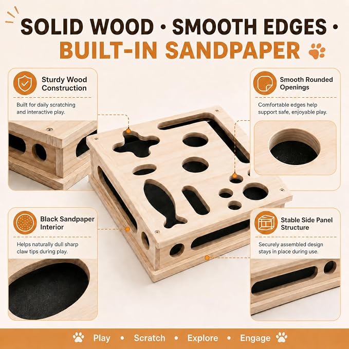 Cat Nail File Scratcher, Interactive Cat Scratch Puzzle Treat Box for Indoor Cats, Solid Wood Sandpaper Liner Claw Care Toy with 3 Balls & Feather, Stress-Free Alternative to Clippers & Grinders