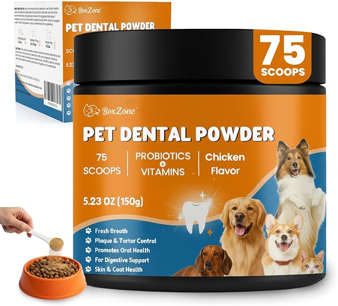 Dog Teeth Cleaning Powder - Plaque & Tartar Control, Breath Fresheners | With Natural Seaweed, Probiotics, Vitamins, Turmeric & Enzymes for All Dogs & Cats (Chicken Flavor, 75 Scoops)