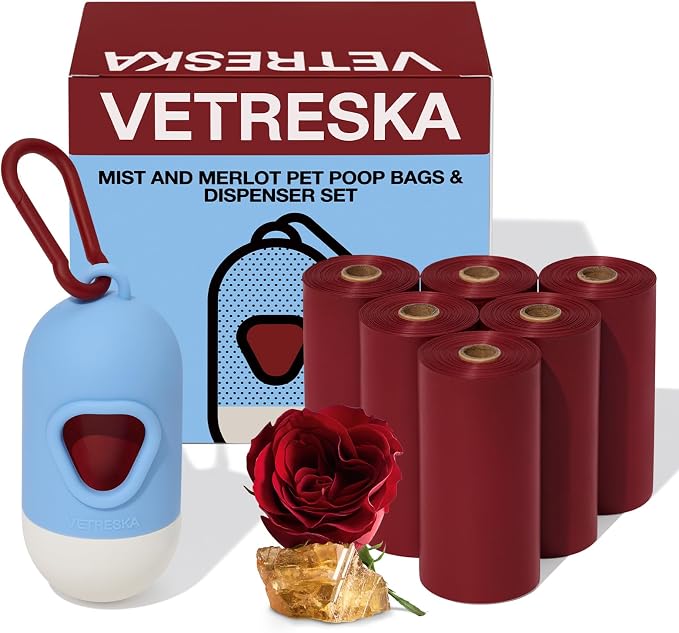 VETRESKA Dog Poop Bag Dispenser with 105 Bags, Leak Proof and Extra Thick | Pet Waste Bags for Dog Walking and Cat Litter, Rose & Amberwood Scented