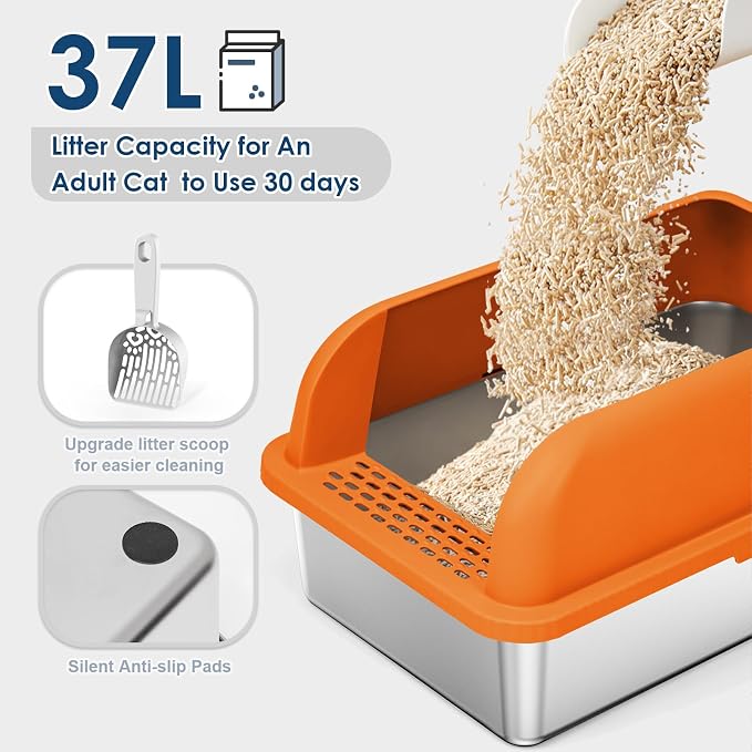Suzzipaws XL Enclosed Stainless Steel Cat Litter Box for Big Cats | High-Side Anti-Leakage Stainless Steel Litter Box, Non-Sticky, Easy-Clean, Less Tracking for Multi-Cat Homes, Orange