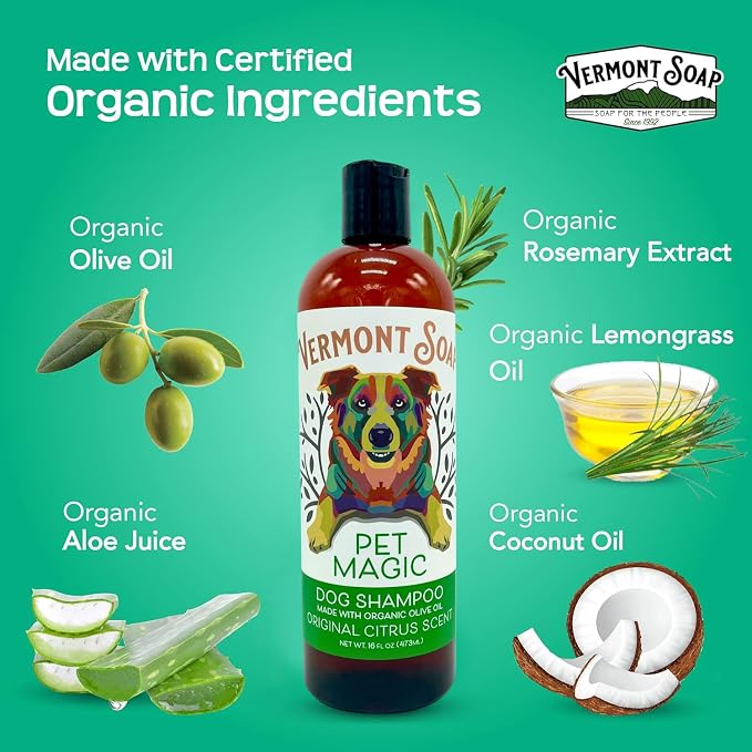 Vermont SOAP Organics Pet Shampoo - Infused with Organic & Natural Olive Oil, Coconut & Aloe Vera Dog Shampoo for Sensitive Skin - USDA Certified Grooming Pet Shampoo - Original Citrus (16oz) | Original Citrus scent, organic olive oil, coconut & aloe v...