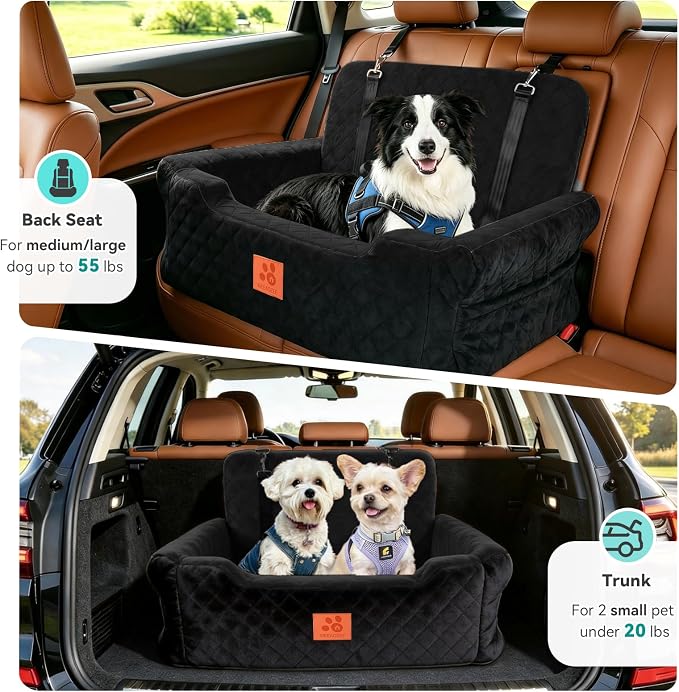 XIEEAOZEE Dog Car Seat for Large/Medium Dogs Up to 55 Lbs, Soft Fabric Car Dog Bed Filling Memory Foam, Removable and Washable Pet Booster Carseat with 2 Safety Leashes, Thick Cushion (Black)