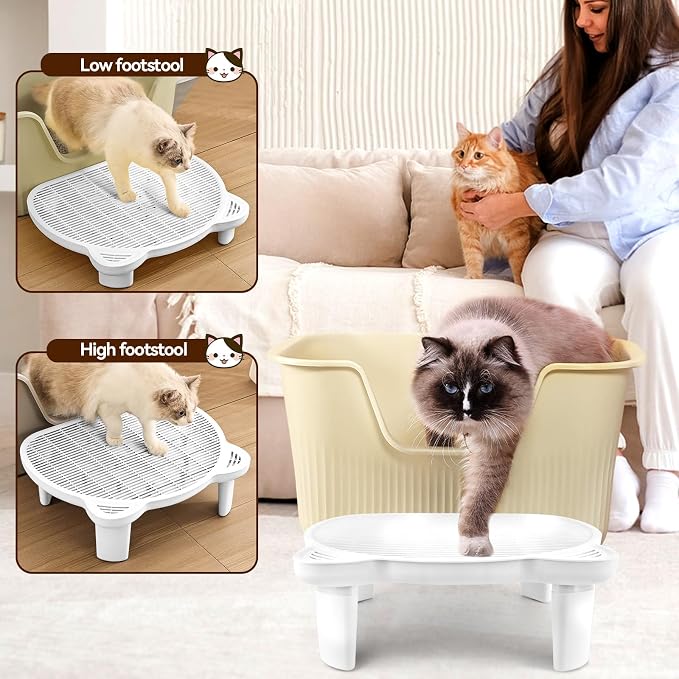 Litter Box Step Adjustable Cat Step with Filter Function, White | Elevated Double Layer Litter Box Ramp for Kitten & Old Cats, Easy Cleaning Litter Box Step Stool for Automatic Cat Litter Box