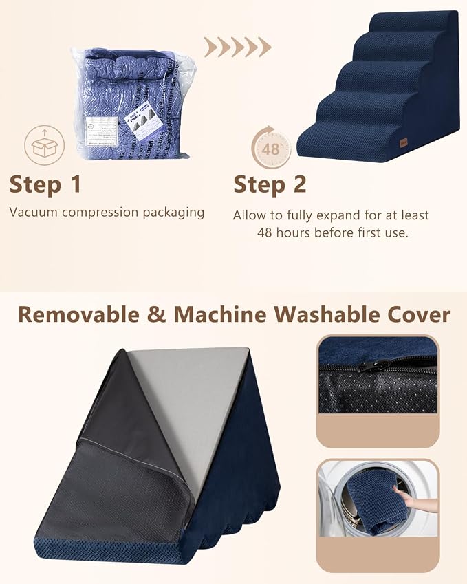 Aodisman Dog Stairs for High Beds,5 Step Pet Ramp for Dogs and Cats,22.4" H | High-density foam dog steps for beds and window sills, with a non-slip bottom for puppy and older cat,comfortable,Blue