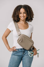 Darren & Phillip Crossbody Dog Walking Bag or Fanny Pack with Built-In Dog Poop Bag Holder, Removable Dog Treat Pouch & Adjustable Strap – Stylish Dog Mom Gift for Walks & Everyday Use - Pebble