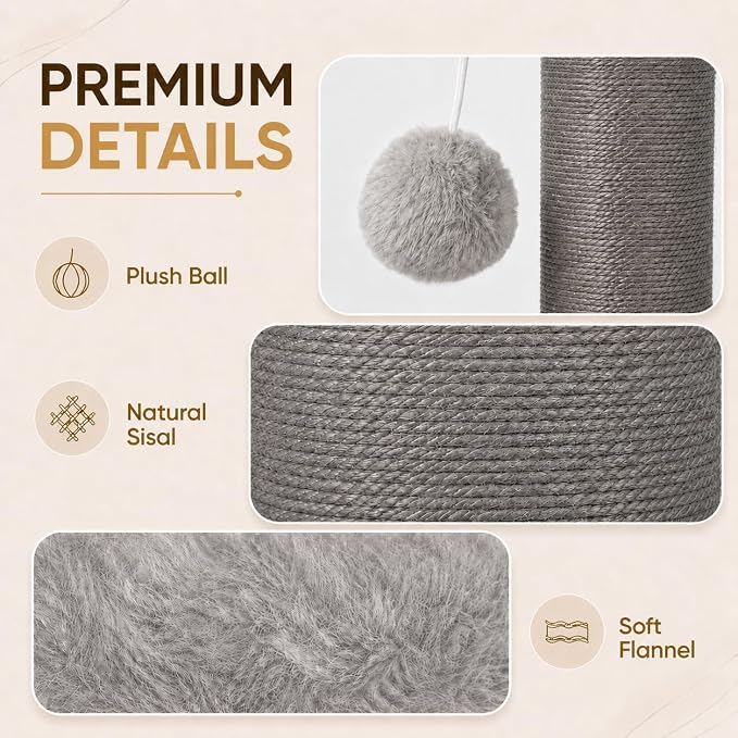 PAWSCRAT 32-Inch Tall Cat Scratching Post, 5.5-Inch Diameter, Sisal, Gery | Natural Sisal Scratching Surface with a Dangling Ball for Indoor Cats, Scratch-Resistant Durable and Protect Your Furniture