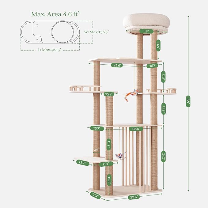 Choc chick Wood Cat Tree for Indoor Cats Large Adult, 68 Inches Tall Multi Level Cat Tower with Scratching Post Sisal-Covered, Modern Cat Tree Plush Cattery Chirping Bird Cat Toy