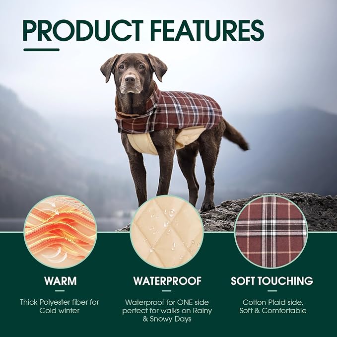Kuoser Waterproof Dog Coat, Reversible Dog Jacket for Small Dogs, Brown S | Adjustable Durable Doggie Winter Coat Warm Cozy Puppy Cold Weather Apparel from Small to Large Breed