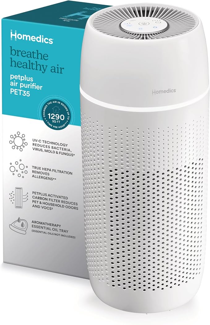 Homedics 5-in-1 PetPlus UV-C Air Purifier, HEPA Filter for 266 Sq Ft Room | Air Purifiers for Pets, Bedroom, and Home with Essential Oil Pads and Built-In Timer, 3 Speed Settings, White