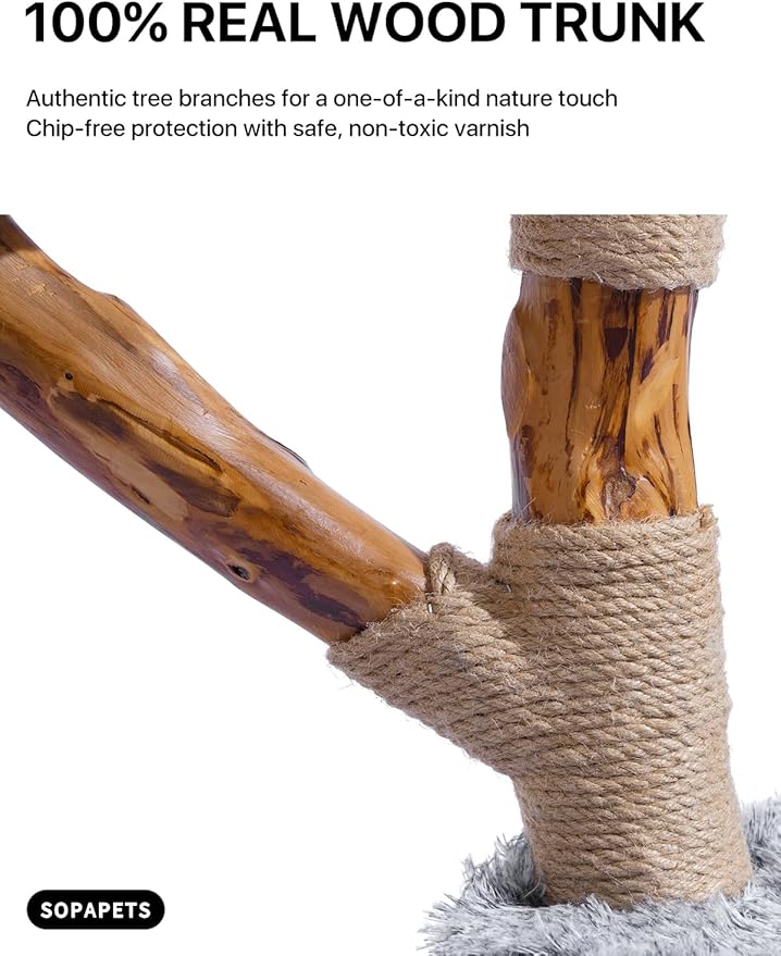 Sopapets Solid Wood Cat Tree for Large Cat, 41.3" Modern Cat Tower with Heavy Duty Real Branch & Hand-Woven Basket, Sisal Scratching Posts & Cozy Bed, Luxury Furniture for Indoor & Maine Coon, Gray