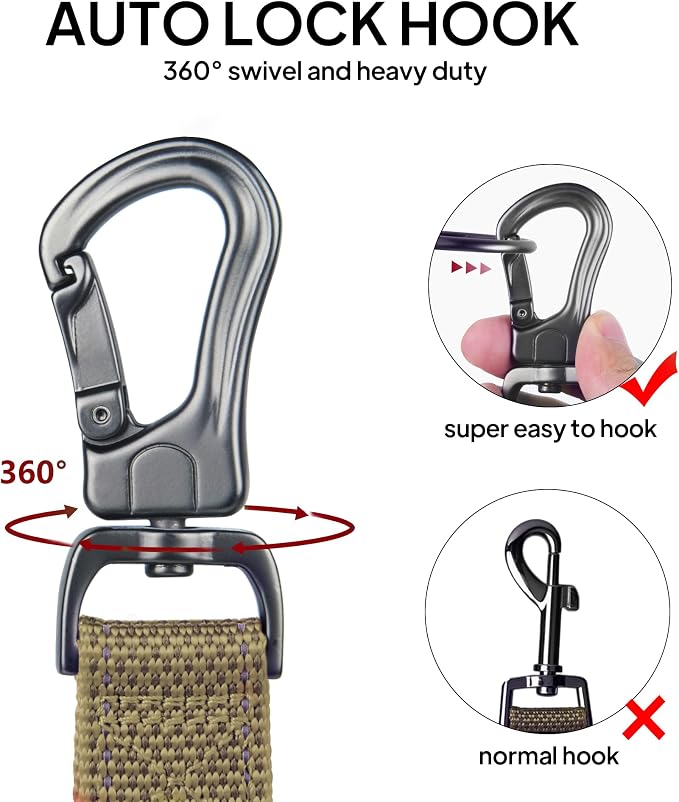 Twoear 6FT 1IN Heavy Duty Dog Leash for Large Dogs with 2 Padded Handles | Traffic Handle Extra Control, Auto Lock Hook, Strong Reflective Walking Leash for Night Safety, Medium and Large Breeds,Brown