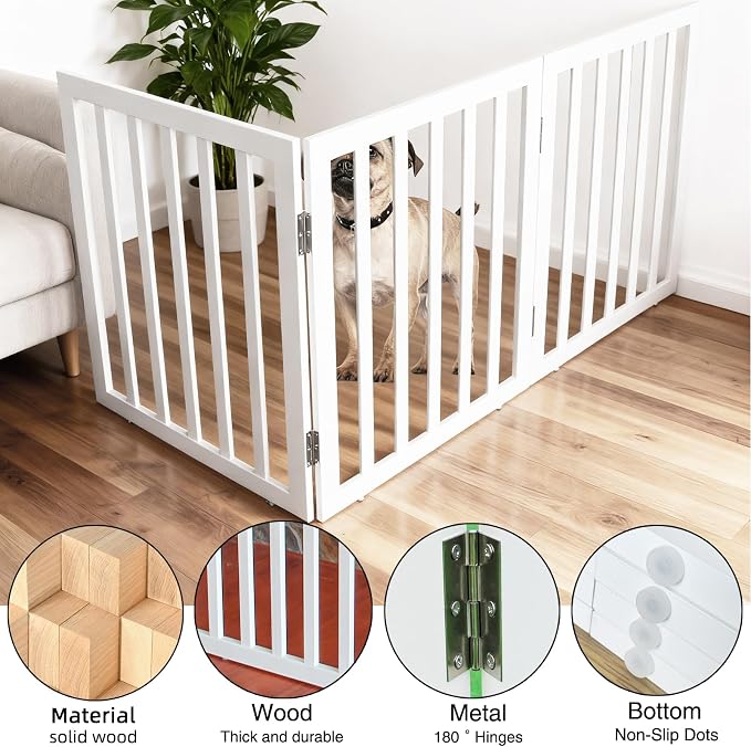 ZJSF Freestanding Indoor Dog Gate for House Foldable Wood White Puppy Gate for Doorways Pet Gate for Stairs Extra Wide Pet Fence 32" Height 3 Panels