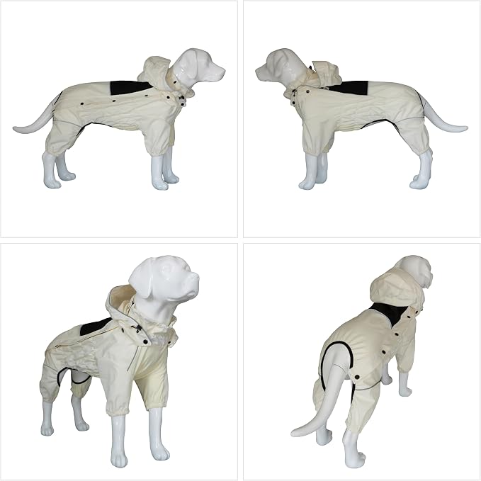 LOVELONGLONG Waterproof Dog Raincoat with Removable Hood – Outdoor Full Body Dog Jacket, Windproof Snowproof Shell Suit – All Season Pet Rain Gear Ivory 3XL