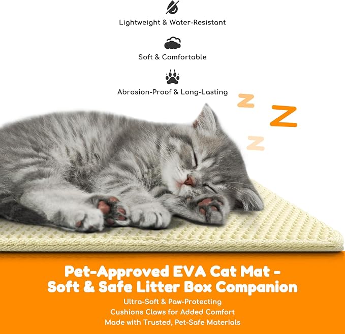 Cat Litter Mat 35"x24",Double Layer EVA Litterbox Mat Cream | Extra Large Honeycomb, Waterproof & non-slip, Odor-free, easy clean, washable durable floor protector,scatter control