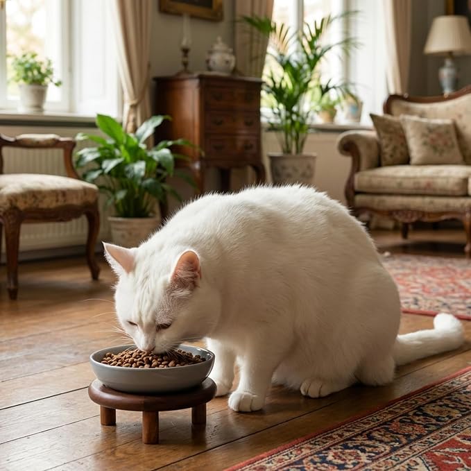 SPUNKYJUNKY Extra Wide Elevated Ceramic Cat Bowl with Acacia Wood Stand Whisker Friendly (Cat Paw Pattern, 2 Pack, Gray)