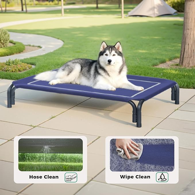 Elevated Dog Bed Raised Outdoor Dog Cot for Large Dogs, Installation Requires No Tools, Frame with Washable Cooling Breathable Mesh Anti-Slip Feet, Indoor Pet Bed, Blue, 43.3 Inches