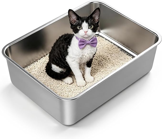 Stainless Steel Cat Litter Box for Kitten, Kitty & Senior Cats Pan | Metal Litter Box , Open Top Low Entry Litter Pan, Non-Stick Easy Clean Anti-Scratch Kitty Cat Box for Indoor Cats, Single Pan