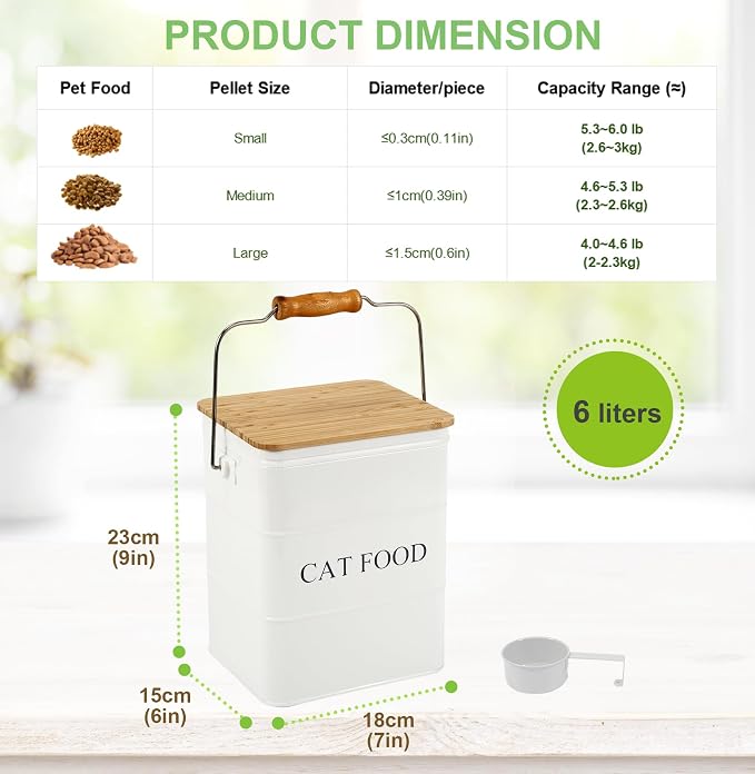 Cat Food storage container Cat Treats Jar,5~6 lb Metal food treats tin for Cat, pet snacks Canisters with wooden lid/handle/sevice scoop-White