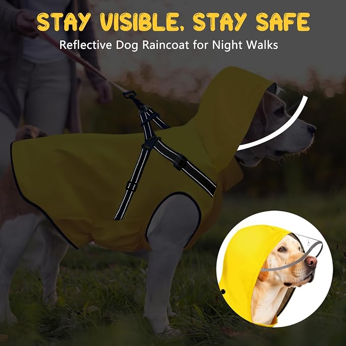Dog Raincoat: Dog Rain Jacket with Reflective Harness & Removable Hood | Waterproof Dogs Rain Coat Poncho for Large Medium Small Dogs Puppies (Yellow - XXL)