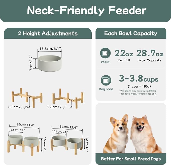 Havniva Dog Bowls Elevated, Ceramic Dog Food and Water Bowl Set | 6.1” Raised Dog Food Bowl, Elevated Dog Bowls with Bamboo Stand, Non-Slip Dog Water Bowl for Small Dog, Large Capacity