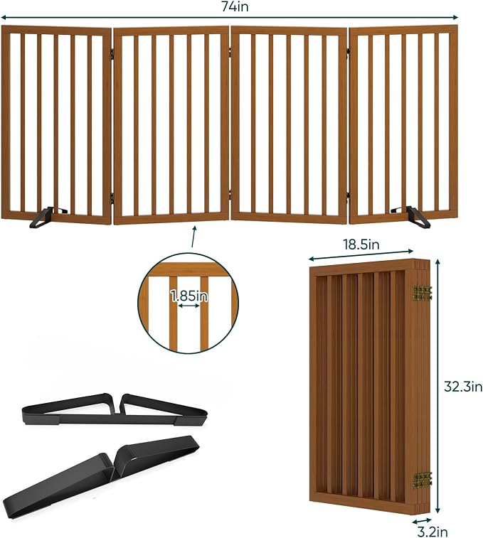 32" H Extra Tall Freestanding Dog Gates Indoor, 4-Panel Bamboo Wood Door Gates for Pets with 2 Metal Stands and 360°Hinge, Folding Pet Barrier for Stairs, Doorways, Kitchen 74" W x 32" H - Walnut