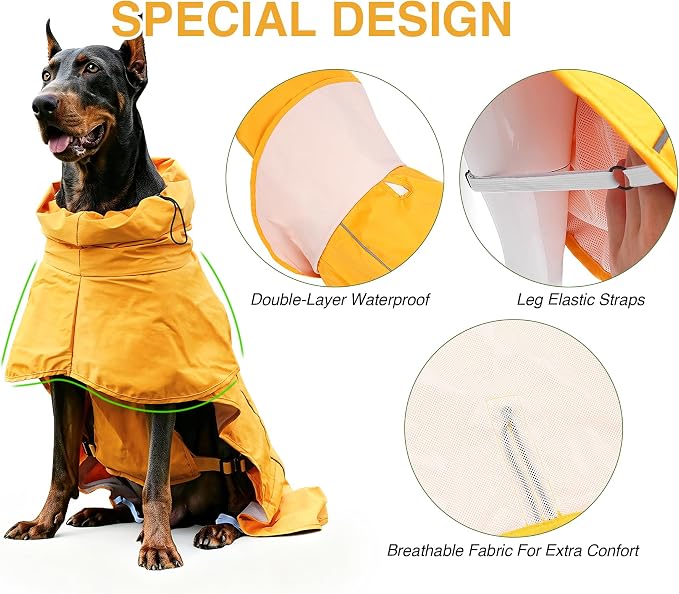 Skmeditec Dog Raincoat with Hood, Waterproof Puppy Rain Coat, Windproof Breathable Jacket with Mesh Lining, Outdoor Hiking Shell Coat for Extra Large Giant Sized Dogs (Yellow, 4XL)