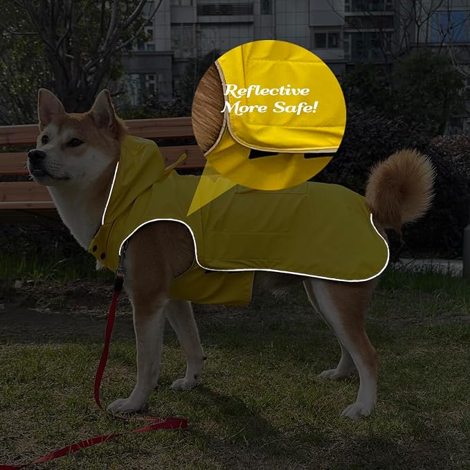 Dog Raincoat Waterproof Reflective Jacket – Lightweight Hooded Poncho with Adjustable Belly Strap & Leash Hole – Rain Slicker Coat for 2XSmall-5XLarge Dogs – Easy to Wear (Yellow XX-Large)