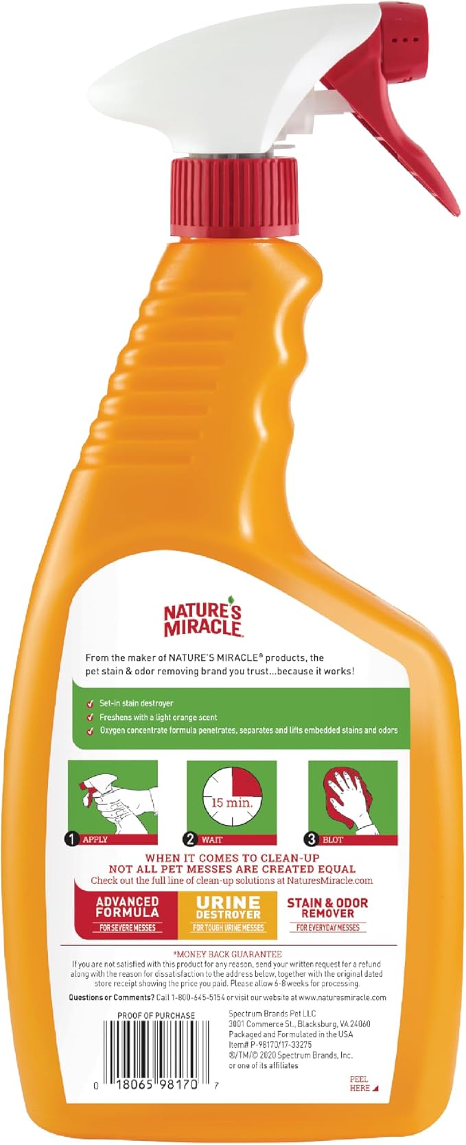 Nature's Miracle Oxy Set-In Stain Destroyer, Cat Odor Control, 24 oz | Oxy Formula Penetrates, Separates & Lifts Embeded Stains & Odors With A Fresh Orange Scent, Safe For Pets & Home