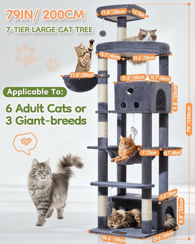 Taoqimiao 79in Cat Tree, Tall Large Cat Tower for Indoor Adult Cats S10G | Easy assembly, Sturdy, Multi Level, Easy Clean, Cozy Condo, Perches, Baskets, Suitable for Kittens and Adult Cats