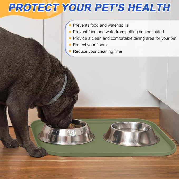 SMILOOL Silicone Pet Food Mat with Raised Edge for Food and Water Bowl, Dog Feeding Mats, Cat Food Trays for Floor Waterproof, Rubber Tray for Dogs and Cats, 22 x 14 x 0.8 Light Olive Green