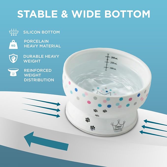 Necoichi Raised Cat Water Bowl, Whisker-Friendly (Colorful Dots, Regular)
