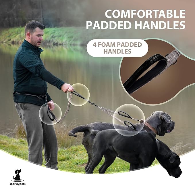 SparklyPets Hands Free Double Dog Leash – Dual Leash for Medium and Large Breeds – Lead for 2 Dogs with Padded Handles, Reflective Stitches, No Pull, Tangle Free (Brown)