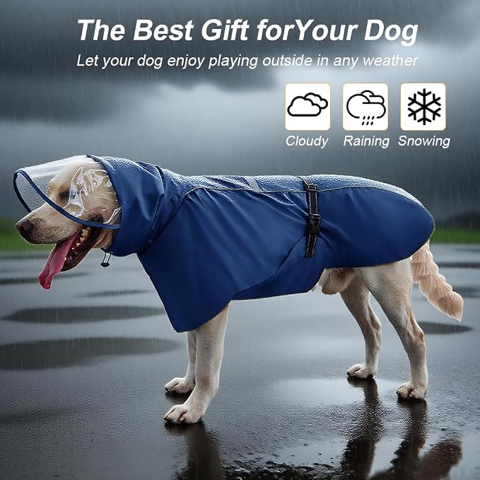Pet Dog Raincoat Jacket Large Dog Rain Poncho with Transparent Hood, Double-Layer Structure, Adjustable, Waterproof, and Reflective, Suitable for Medium to Large (Dark Blue, 5XL)