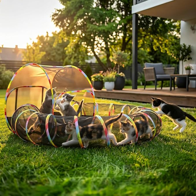 Outdoor Cat Enclosure 2-in-1, Extra Large Pop Up Cat Rolling Tent with 134" Tunnel for Indoor Cats, Expandable Foldable Cat Playpen for Backyard Camping, Fits Small Animals,1-Min Setup