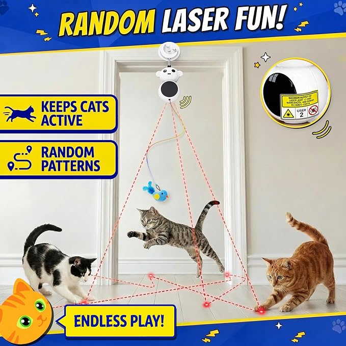 Automatic Laser Cat Toys, Flying Bird Feather Cat Wand Toy for Bored Kitten | Catpick toy Interactive Doorway Toys with Hanging Feather Bird for Exercise& Enrichment, for Indoor Adult Cat, Pear White