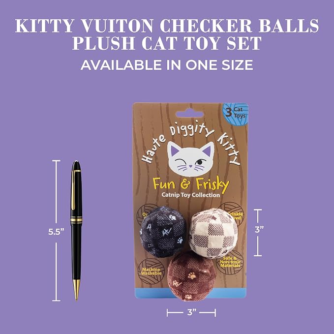 Haute Diggity Kitty Vuiton Checker Balls Set, Soft Plush Cat Toys | 3 Pack Catnip Toys with Interactive Crackle Sound, Safe & Durable Cat Nip Kicker Toy for Outdoor & Indoor Cats & Kitten