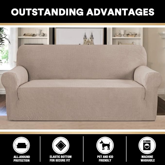 Stretch Sofa Cover Slipcover Couch Covers for 3 Cushion Couch Furniture Protector Sofa Covers with Non Slip Elastic Bottom Dogs Pet Friendly Fitted(Large Sofa 90"-100",Sand)