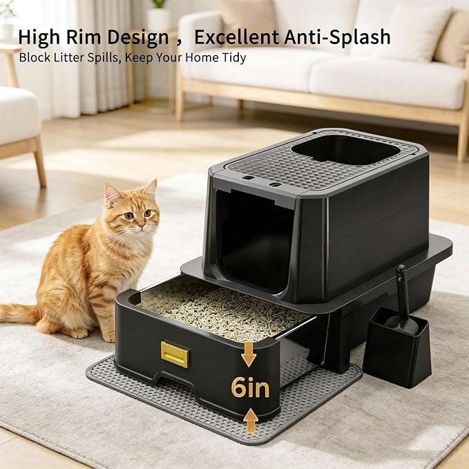 RIZZARI Enclosed Cat Litter Box: Stainless, Top Entry, Easy Clean | Built-In Deodorizer Spray / Extra Large / High Splash Sides / Top-Exit Tracking Control / Slide-Out Drawer / Apartments