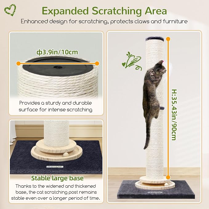 Globlazer 35in Tall 3.9-in Thick Cat Scratching Post for Adult Cats, SC35 | Durable Natural Sisal Rope, Solid Wood Track Ball Game, Interactive Hanging Toy, Enlarged Base, Custom Tier