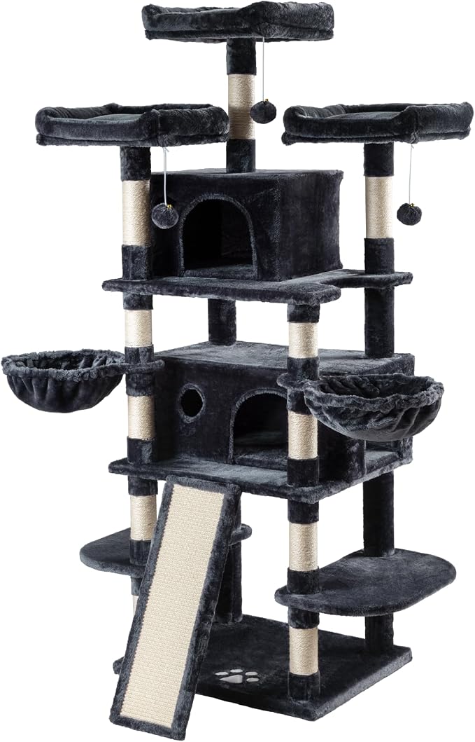 Allewie 68 Inches Cat Tree/House and Towers for Big Feline/Scratching Post/Multi-Level Large Kitty Climbing Tree with Condo/Smokey Grey