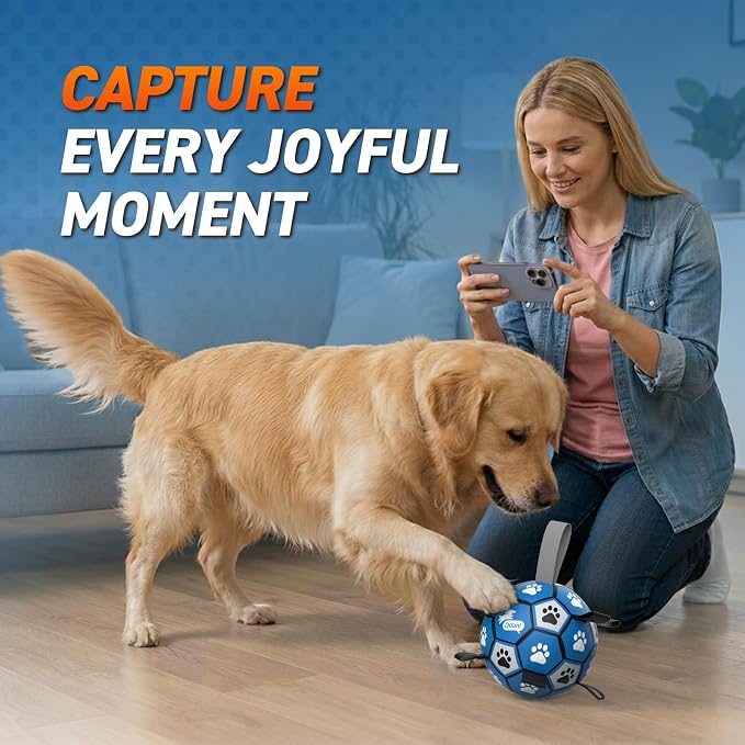 QDAN Dog Ropes Toys, Soccer Ball with Straps, Tug of Toy, Dog Birthday Toy | 8 Inch Soccer Toy with Straps, Dog Tug Toy for Tug of War, Puppy Birthday Gifts, Training Herding Balls for Outdoor, Blue